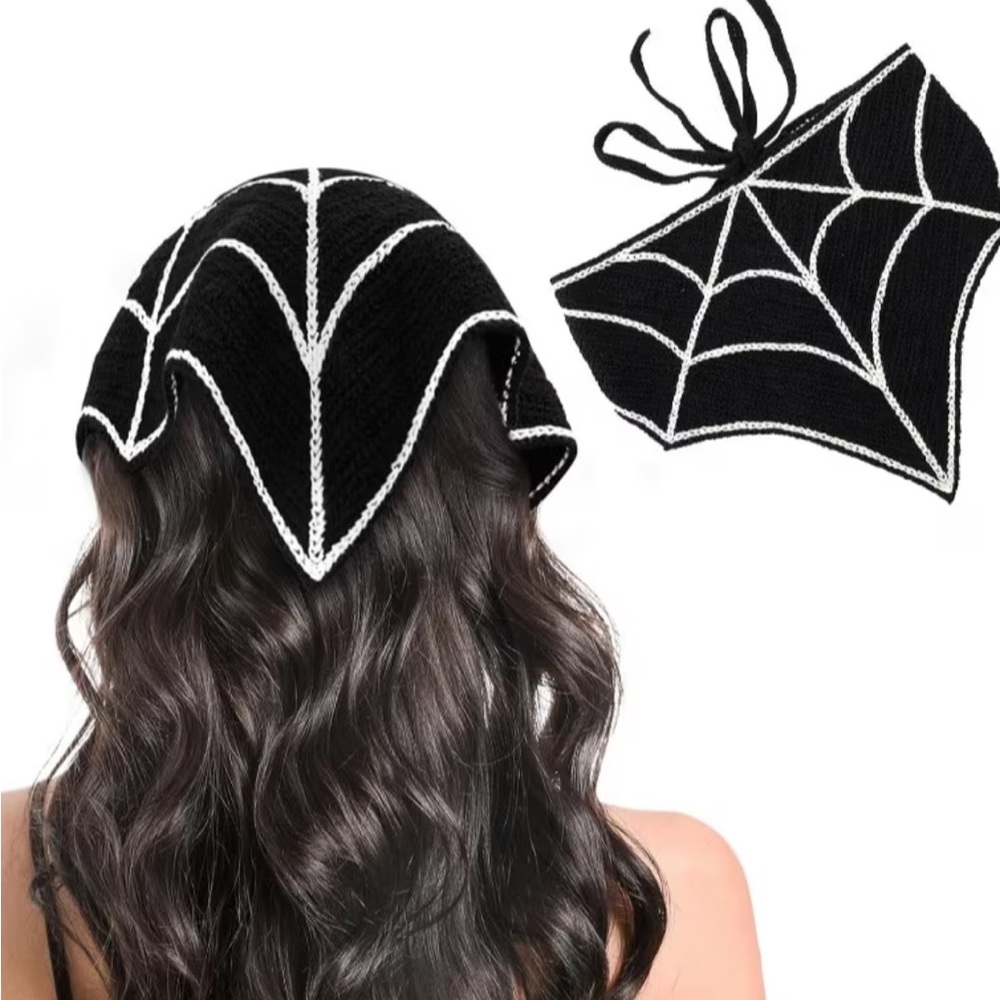 Black Spider Web Knit Headband scarf headscarf knitted hair spiderweb Halloween